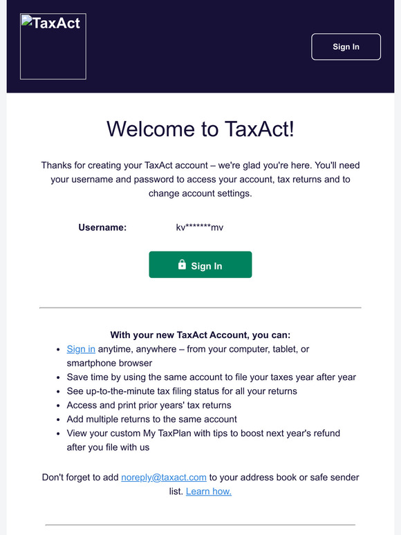 TaxAct - created account confirmation