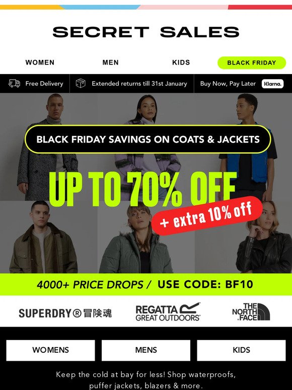 Unmissable! Up to 70% off + EXTRA 10% OFF coats & jackets! Waterproofs, puffers & more...