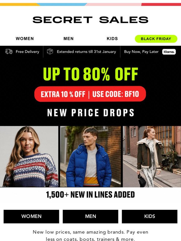 1000s of PRICE DROPS! Up to 80% off coats, boots, dresses, trainers...