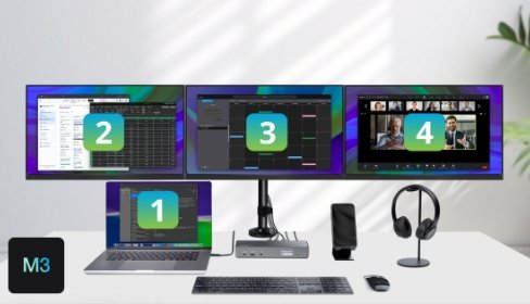 Docking station connected to a laptop and three displays