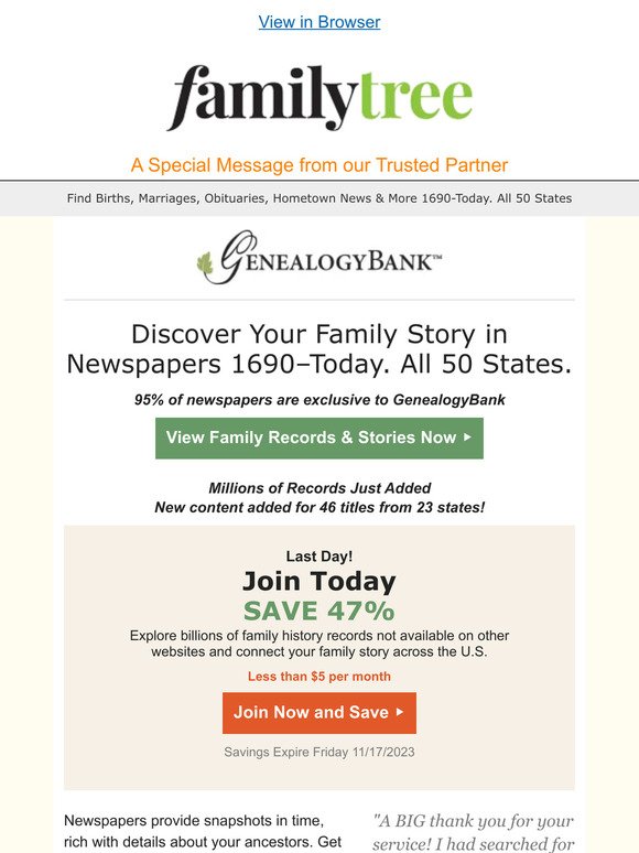 Last Day to Discover Your Family Story Under $5 at GenealogyBank.com