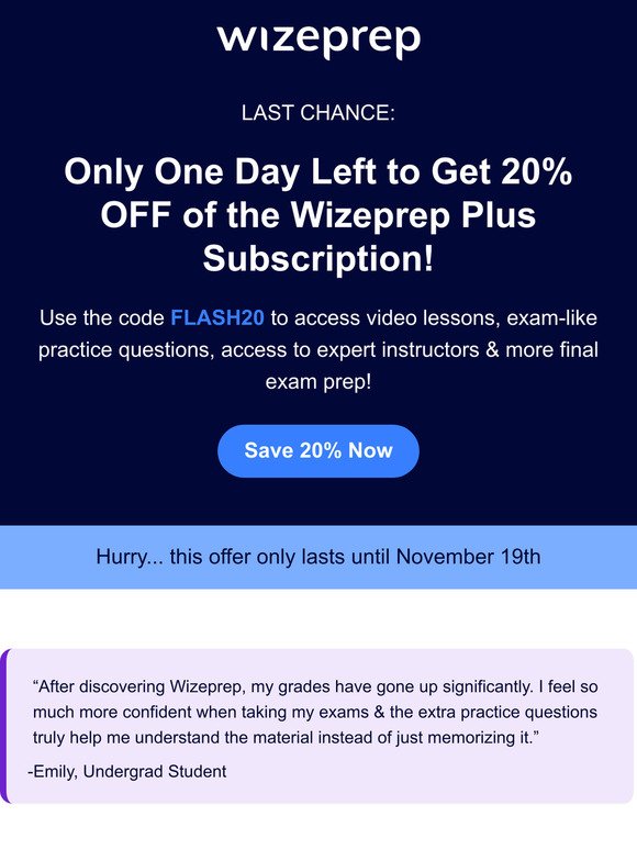 LAST CHANCE: Get 20% OFF of Wizeprep Plus 👀