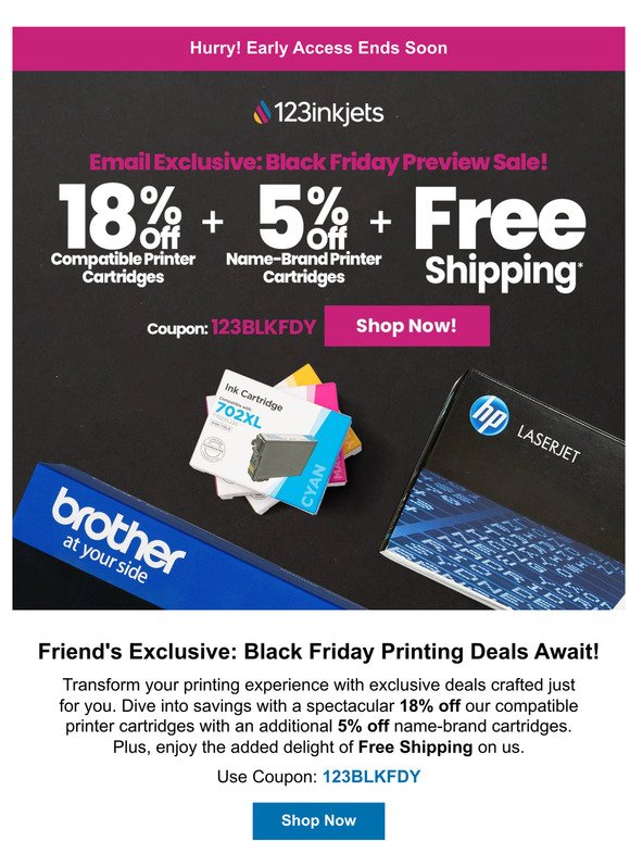 Don't Miss Out! Early Access Ends Shortly: 18% Off Printer Ink