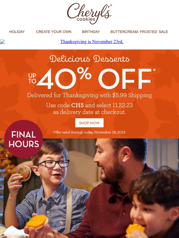 Final hours! Up to 40% off plus $5.99 shipping for Thanksgiving.