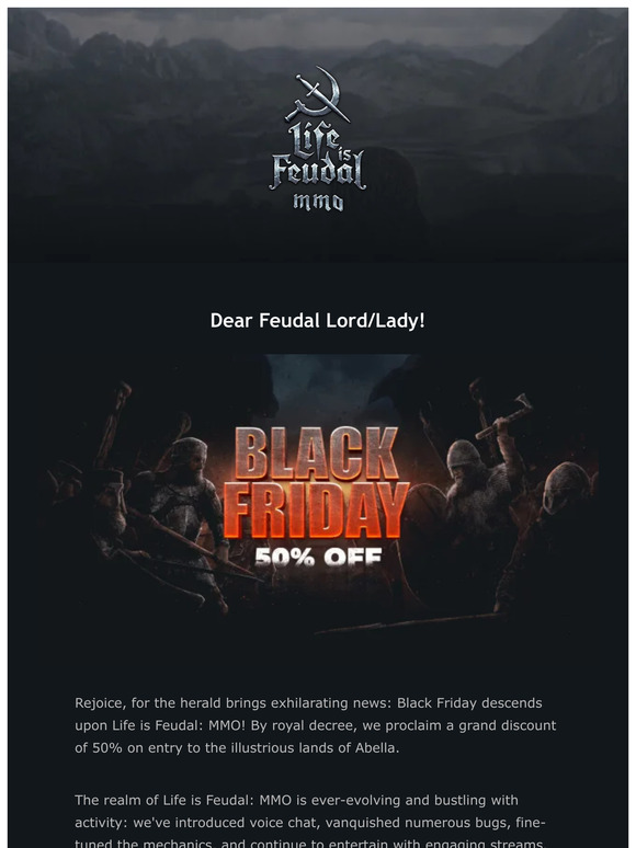 ⚔️ Black Friday is here — 50% off on entry to the illustrious lands of Abella.