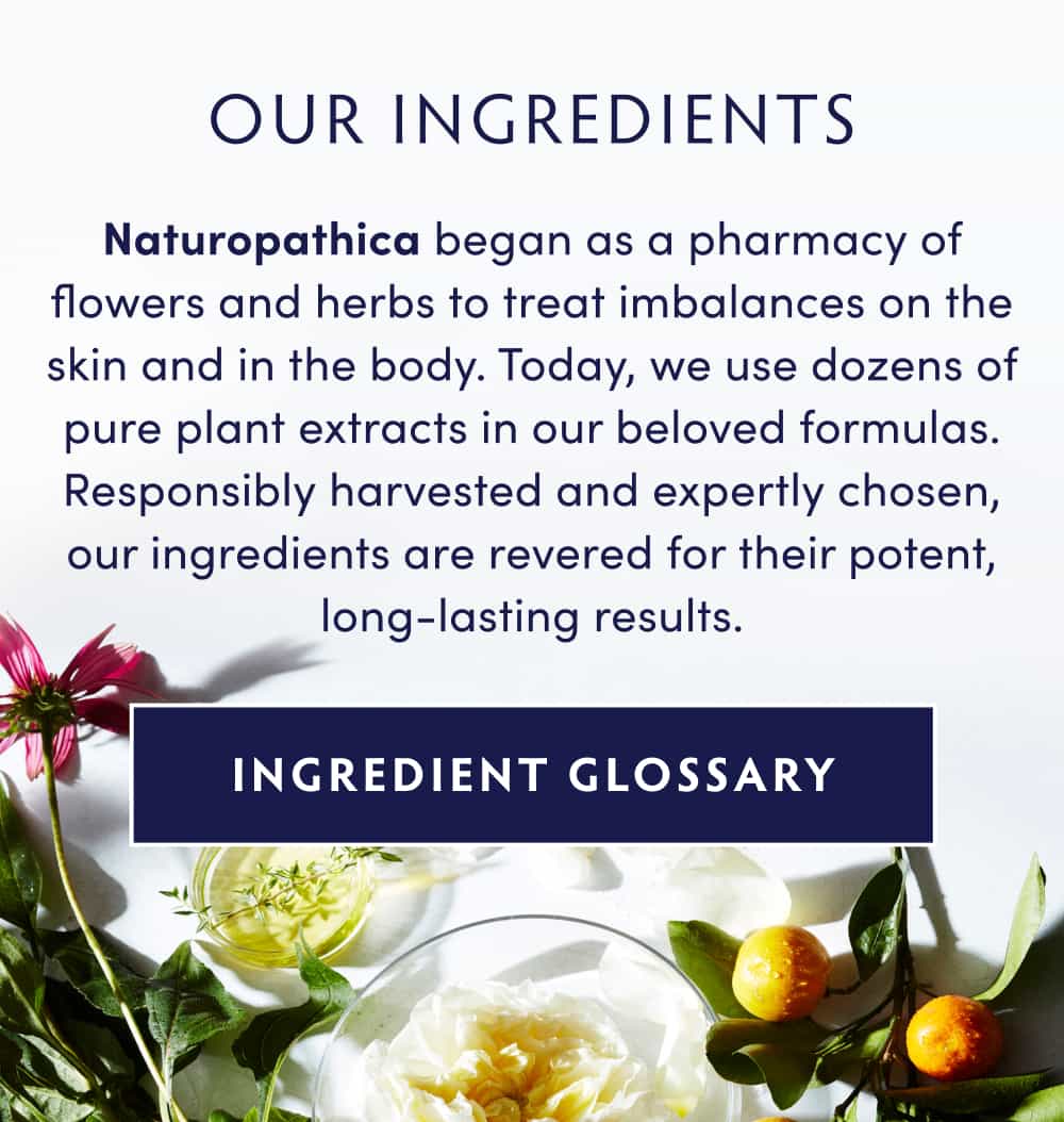 OUR INGREDIENTS Naturopathica began as a pharmacy of flowers and herbs to treat imbalances on the skin and in the body. Today, we use dozens of pure plant extracts in our beloved formulas. Responsibly harvested and expertly chosen, our ingredients are revered for their potent, long-lasting results. INGREDIENT GLOSSARY