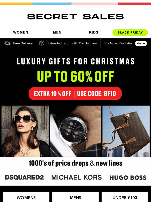 Designer gifts up to 60% off + EXTRA 10% off bags, t-shirts & more
