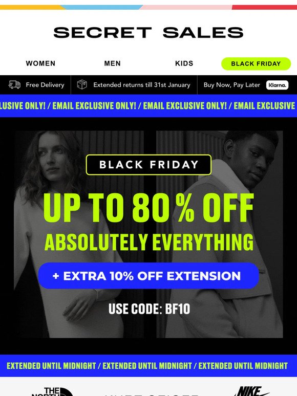 Email exclusive! Up to 80% + Extra 10% off coats, boots, hoodies, trainers...