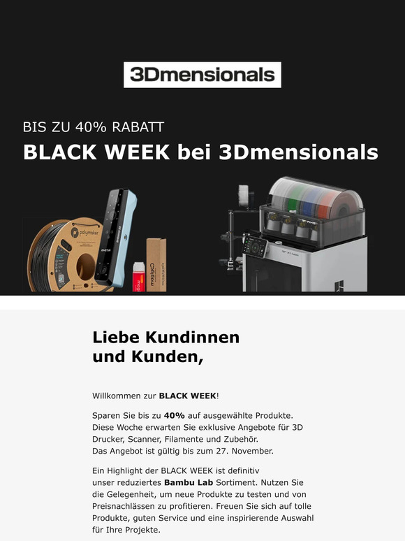 Black Week bei 3Dmensionals! Bis zu 40% Rabatt auf 3D Drucker, Scanner und co.!