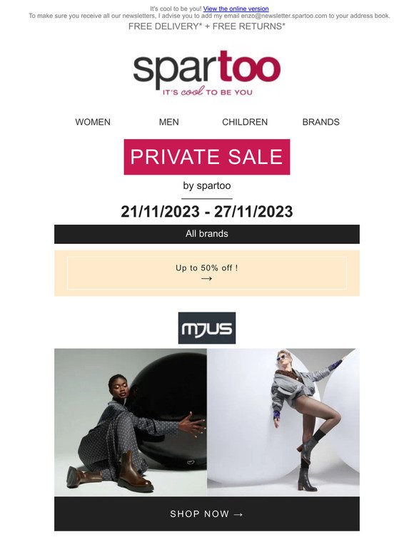 Indulge with Spartoo, up to 50% off Mjus, André, Only, Moony Mood and Vivaraise with free delivery