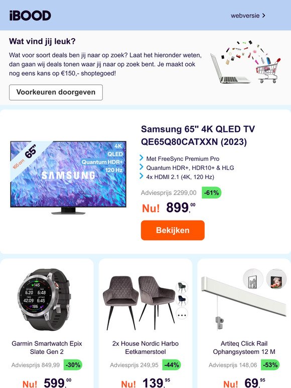 Samsung 65" 4K QLED TV QE65Q80CATXXN (2023) -61% | Garmin Smartwatch Epix Slate Gen 2 -30% | 2x House Nordic Harbo Eetkamerstoel -44%
