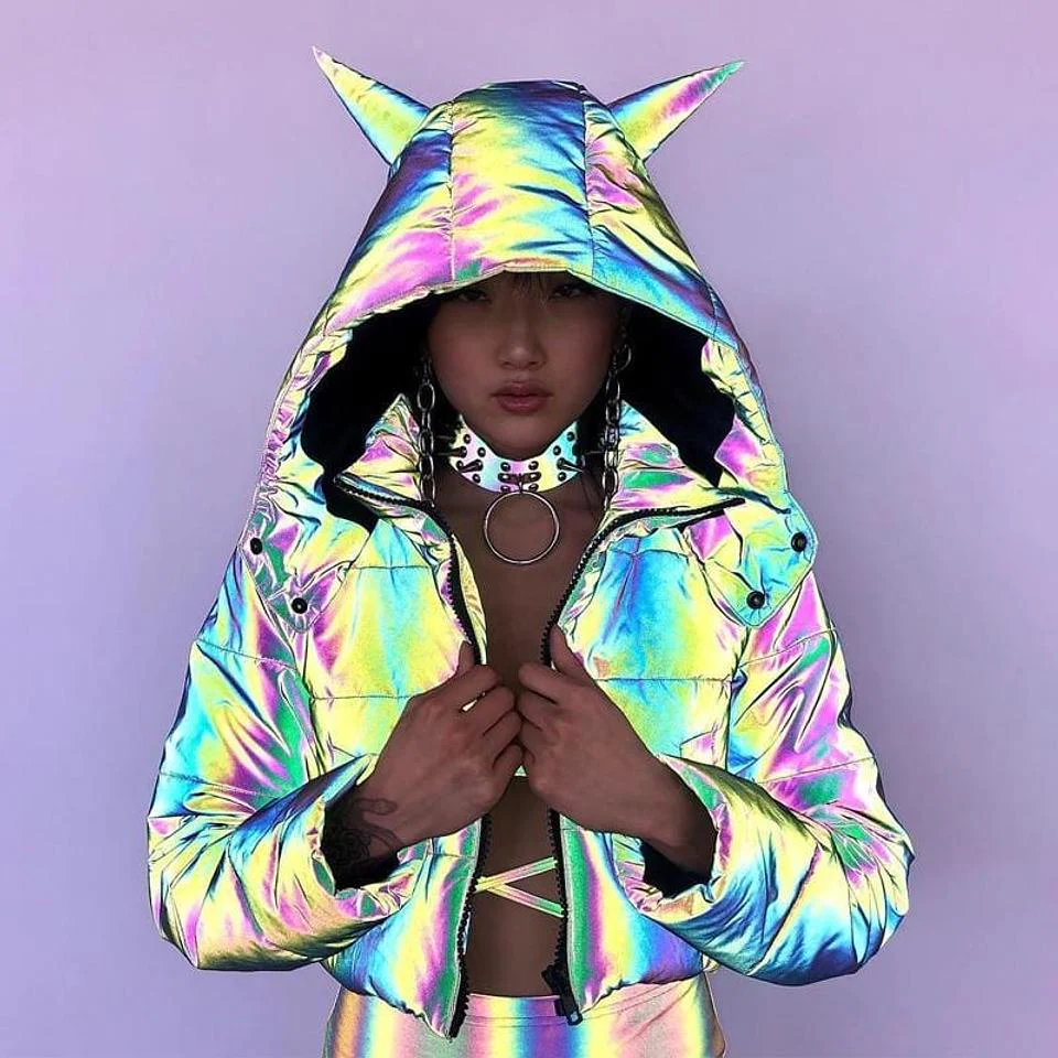 Reflective Cropped Puffer Jacket With Devil Horns