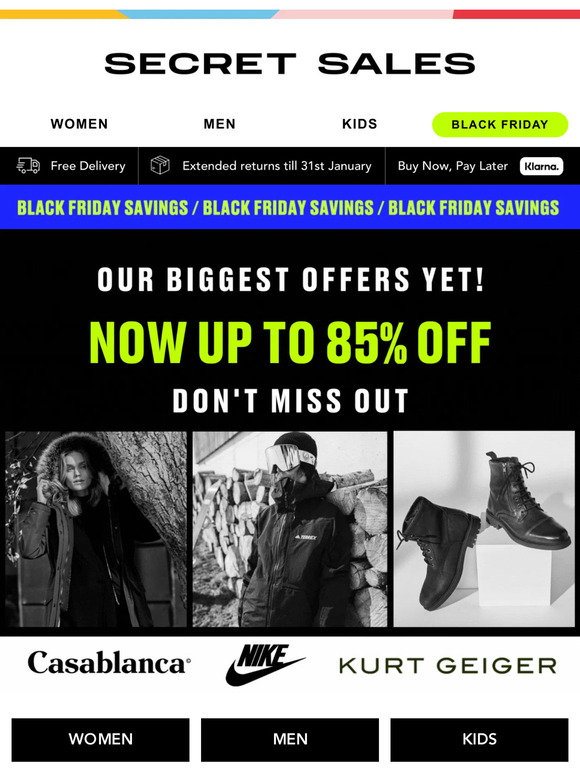 Our BIGGEST OFFERS yet! Up to 85% off Nike, Converse, The North Face...