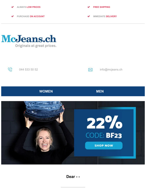 22% discount on everything - BLACK WEEKEND at McJeans.ch – free shipping