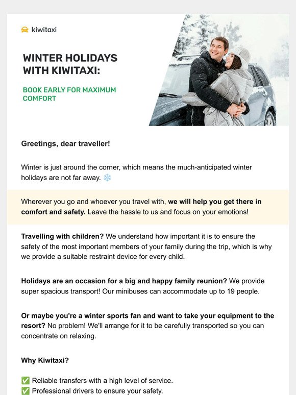 Winter holidays with Kiwitaxi: Book early for maximum comfort ❄
