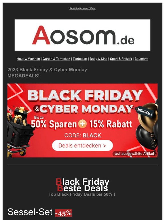 ✨✨✨ Spare bis 50%+15% an Black Friday und Cyber Monday bei Aosom! 🎁🎁🎁