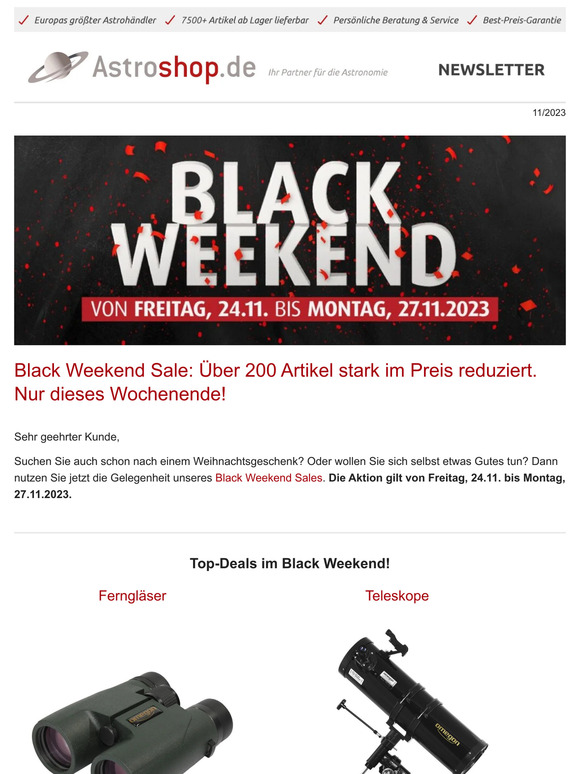 🔭Black Weekend Sale: Über 200 Artikel stark im Preis reduziert. Nur dieses Wochenende!🌖