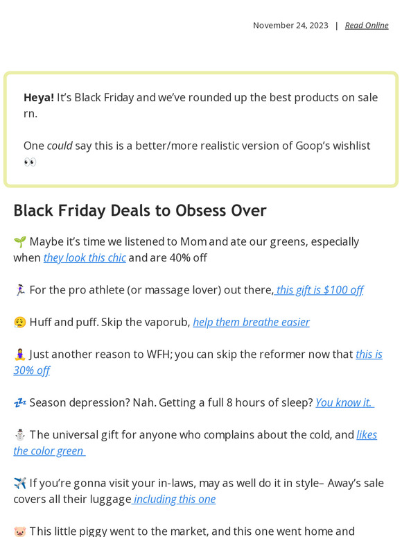 Black Friday's Crème de la Crème: 20% off Away, 30% off Bala, 40% off Outdoor Voices