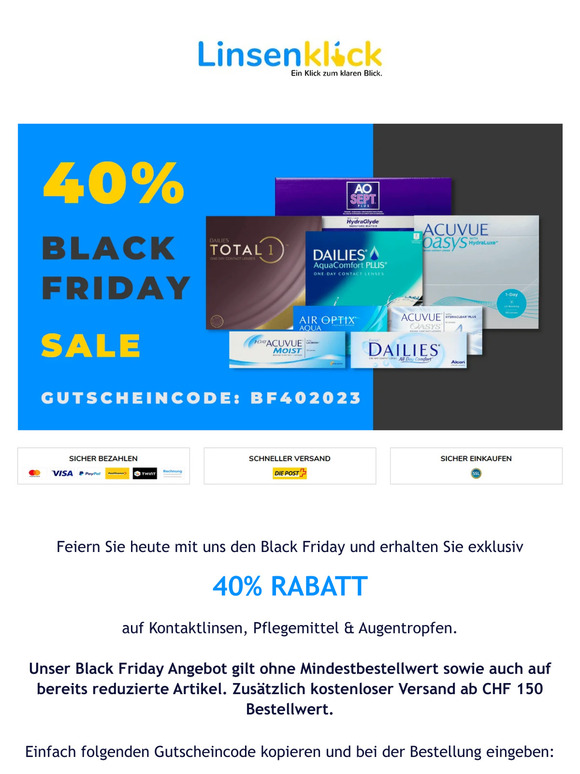 40% Black Friday Rabatt auf Kontaktlinsen, Pflegemittel & Augentropfen.