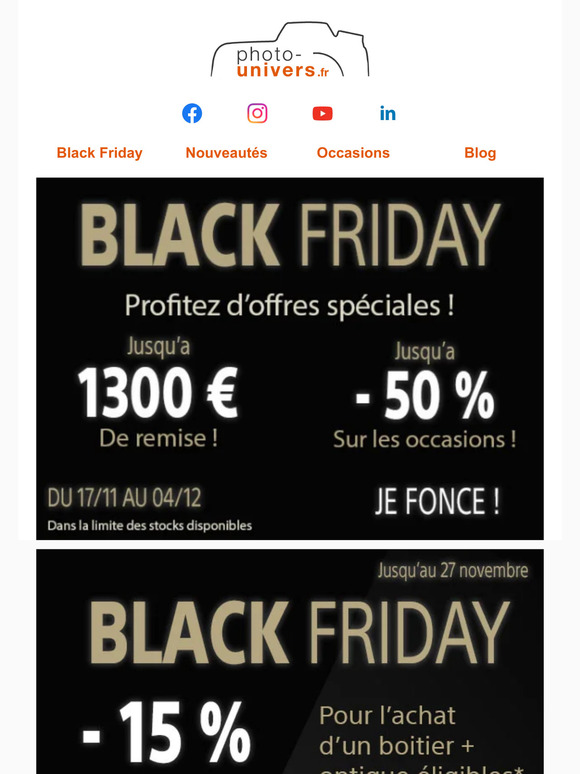 🚨 Black Friday, 15 % de remise pour l'achat d'un boitier + optique éligibles !