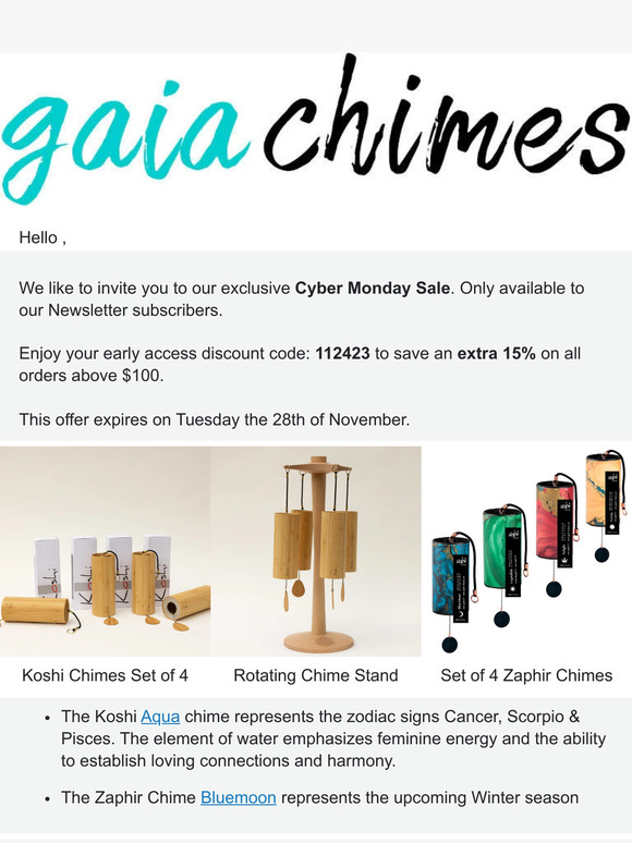 ✅ Cyber Monday is on! Exclusive Koshi & Zaphir Chime specials for you.