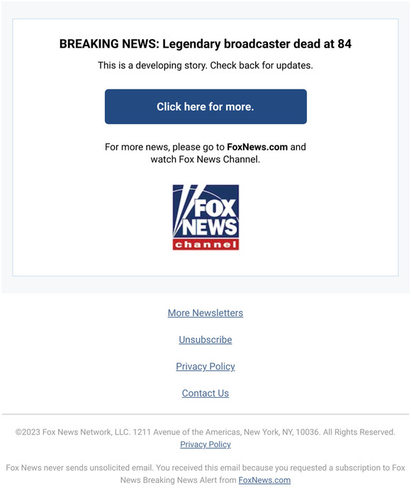 Fox News: BREAKING NEWS: Legendary broadcaster dead at 84 | Milled