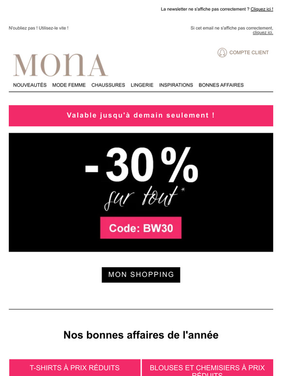 Chère Cliente, cher Client, votre bon d'achat de 30% expire bientôt !