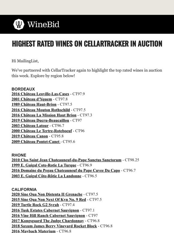 Top CellarTracker Rated Wines in Auction