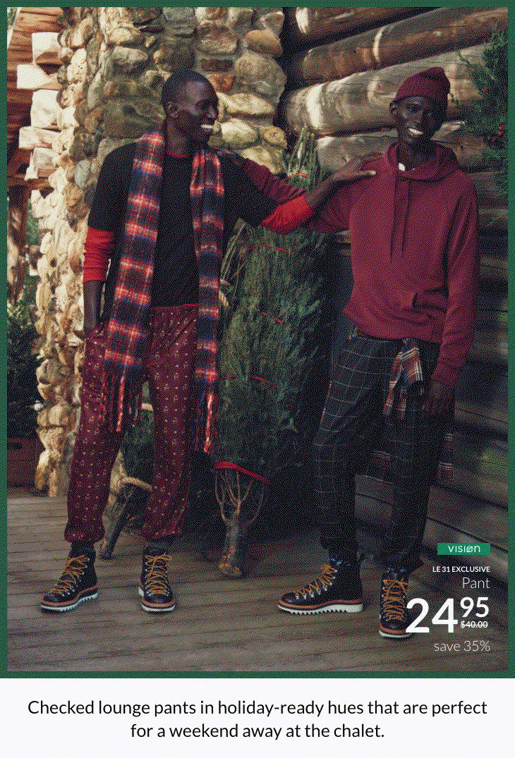 Checked lounge pants in holiday-ready hues that are perfect for a weekend away at the chalet.