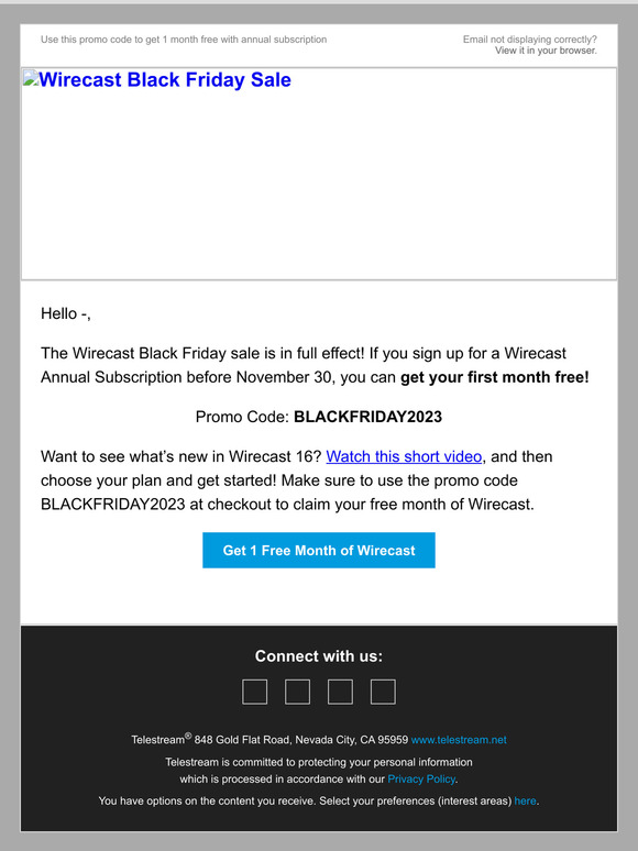 Black Friday Sale! Act now to get 1 free month of Wirecast