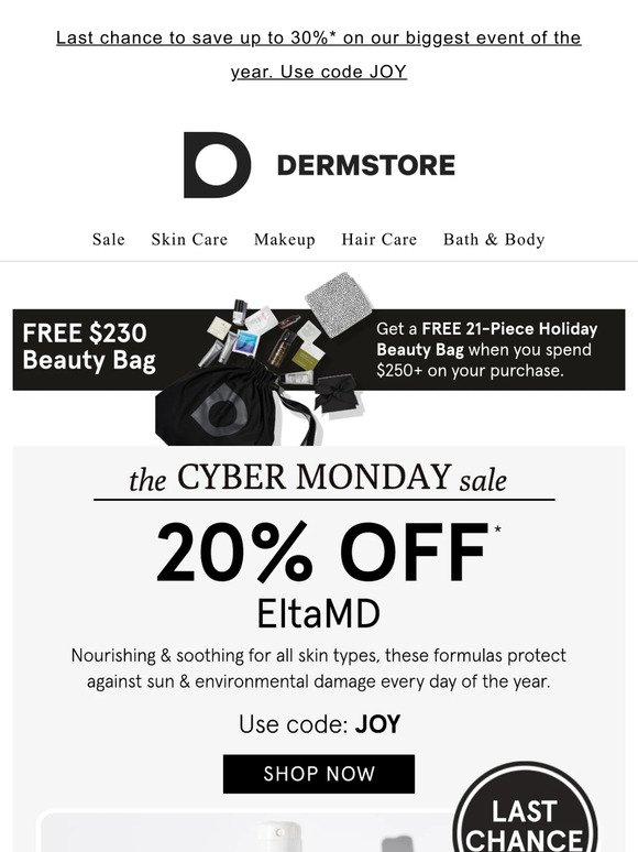 20% off EltaMD — Cyber Monday ends TONIGHT!