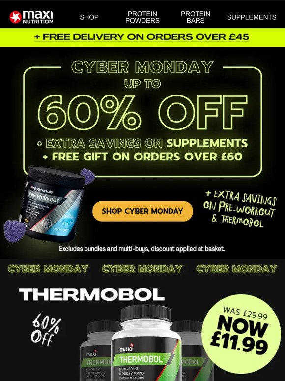 Cyber Monday 60% off including Thermobol, Vitamins & Supps