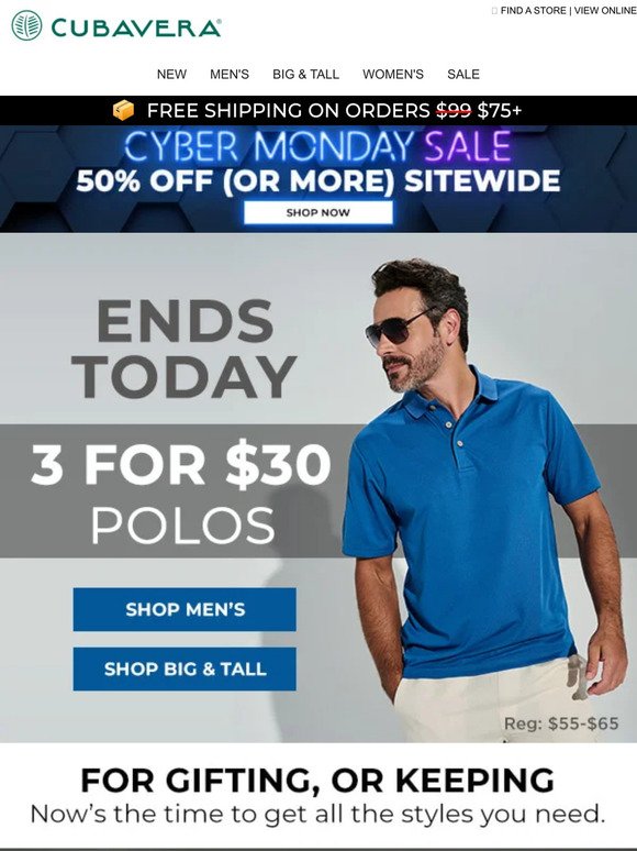 ENDS TODAY: 3 For $30 Polos & More