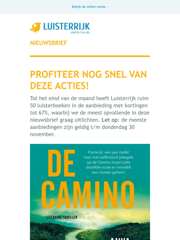 Nog maar een paar dagen: ruim 50 luisterboeken met hoge korting! O.a. Stephen King, Anya Niewiera, Martin Bossenbroek en Pieter Waterdrinker