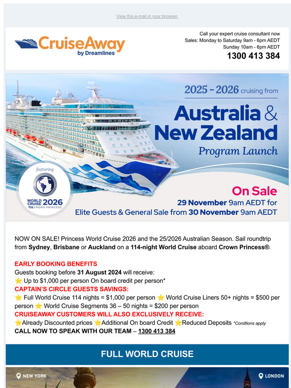 CruiseAway by Dreamlines Pty Ltd NOW ON SALE 2026 Princess World