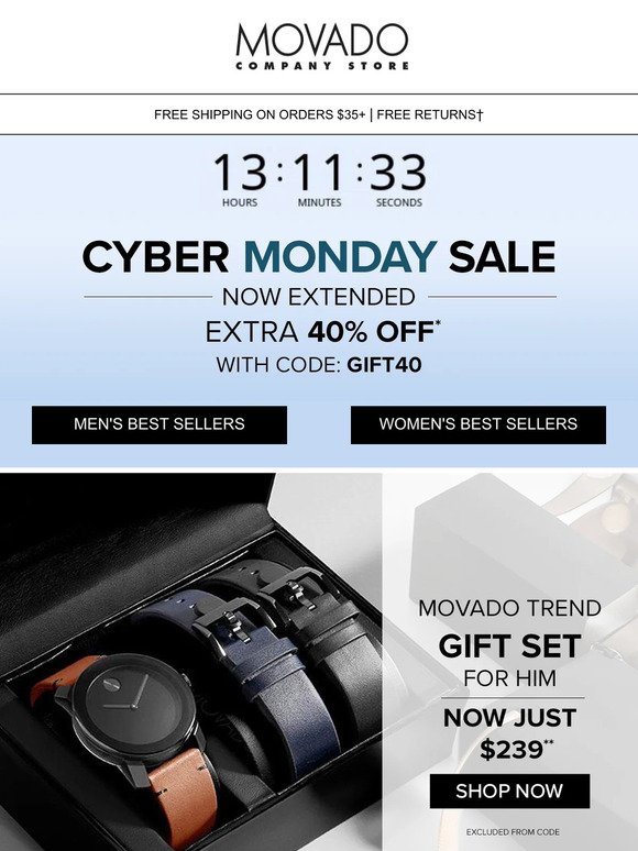 EXTRA 40% OFF NOW EXTENDED! Cyber Monday ends tonight