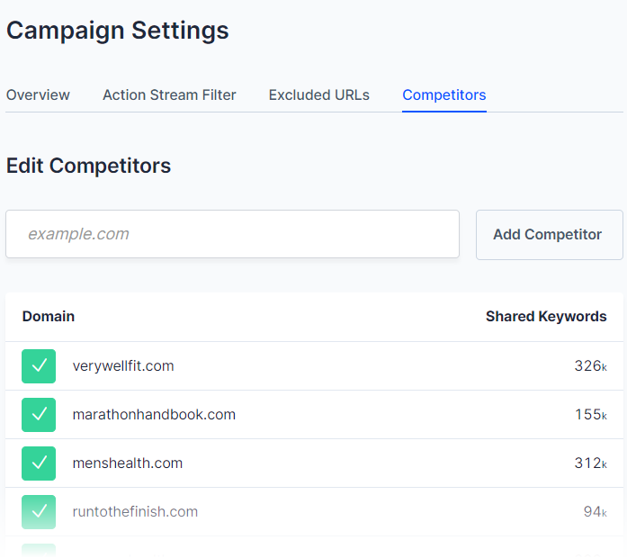 Preview image of the competitors list inside of campaign settings
