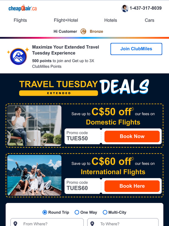 CheapOair Extended Travel Tuesday Deals Save Up to C60 on our Fees