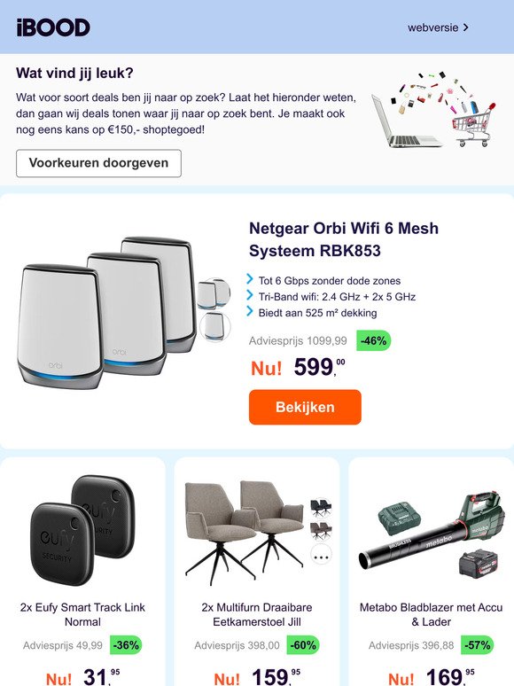 Netgear Orbi Wifi 6 Mesh Systeem RBK853 -46% | 2x Eufy Smart Track Link Normal -36% | 2x Multifurn Draaibare Eetkamerstoel Jill -60%