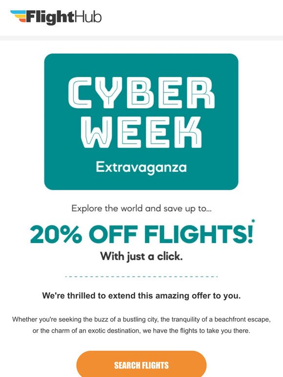🌟 Cyber Week Extravaganza: Up to 20% off flights! 🌟