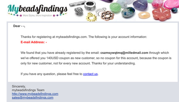 Thanks for Your Registration at mybeadsfindings !