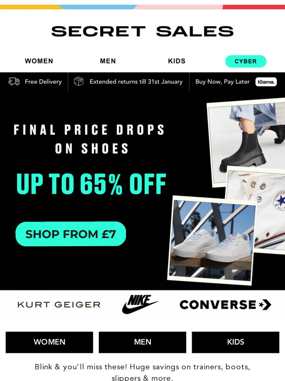 Now up to 65% off shoes! Cyber week SAVINGS on trainers, boots, heels...