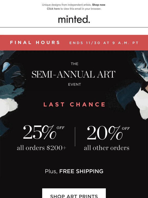 Last call for 25% off art prints