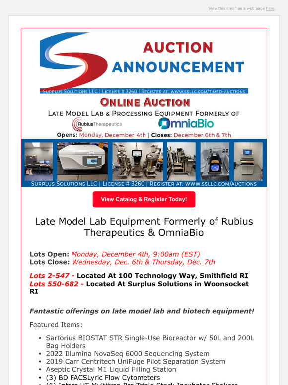 Auction Announcement - Late Model Lab Equipment Formerly of Rubius Therapeutics & OmniaBio