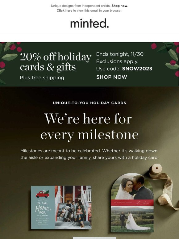 20% off holiday cards for every milestone