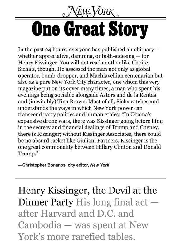 ‘Henry Kissinger, the Devil at the Dinner Party,’ by Choire Sicha