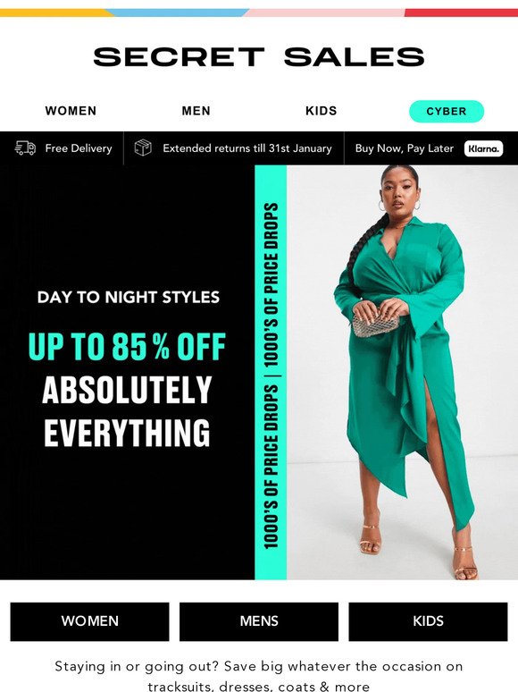 Day to night styles - Up to 85% off coats, dresses, tracksuits, slippers & more