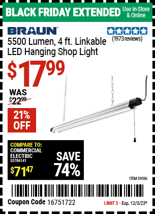 BRAUN: 5500 Lumen, 4 ft. Linkable LED Hanging Shop Light