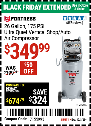 FORTRESS: 26 Gallon 175 PSI Ultra Quiet Vertical Shop/Auto Air Compressor