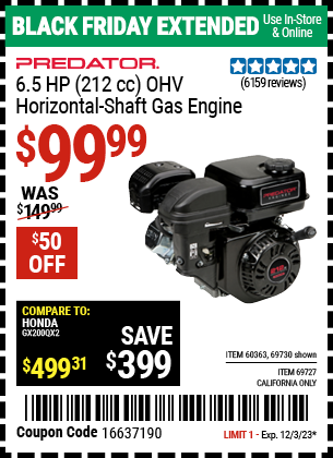 PREDATOR: 6.5 HP (212cc) OHV Horizontal Shaft Gas Engine, EPA